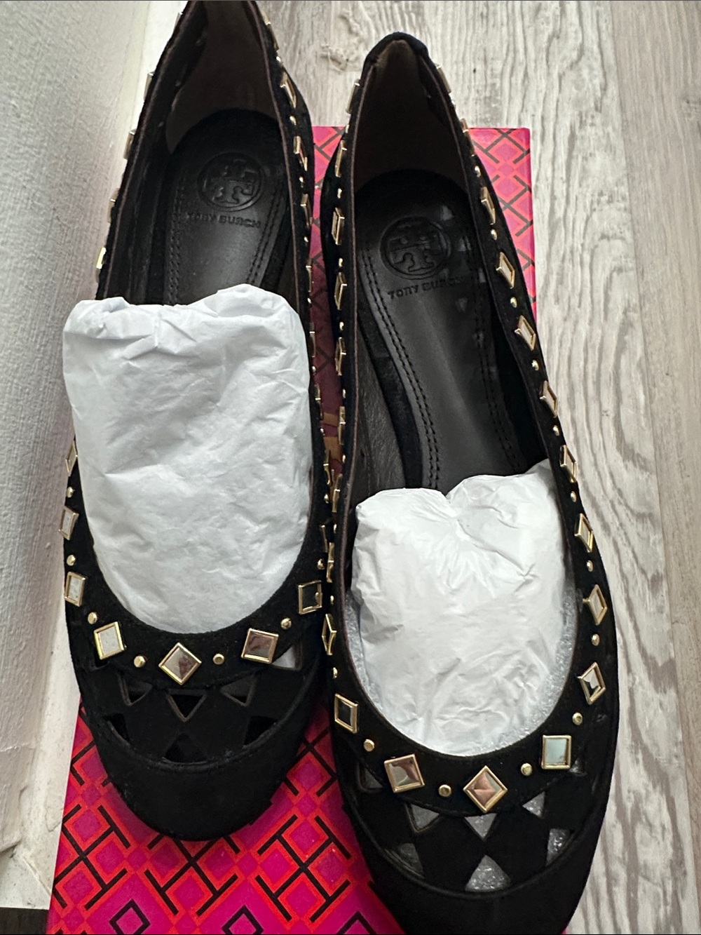 Tory Burch Black Suede Studded Ballet Flats with Gold Accents - Picture 4 of 5